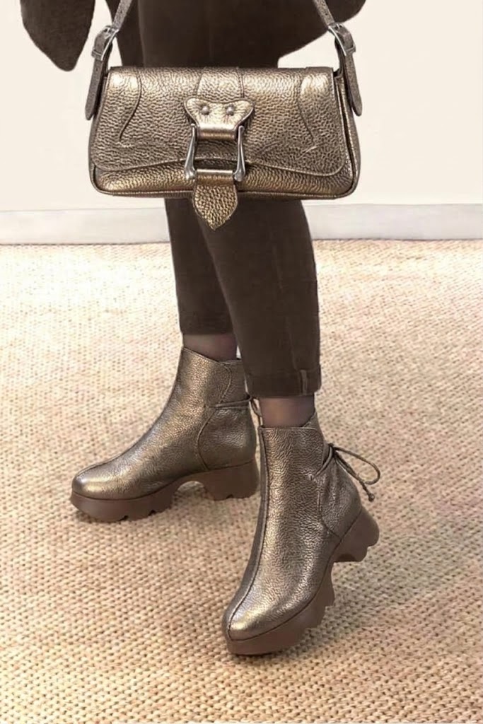 Women's bronze back lace-up ankle boots with round toe and chunky rubber sculpted sole - Worn view